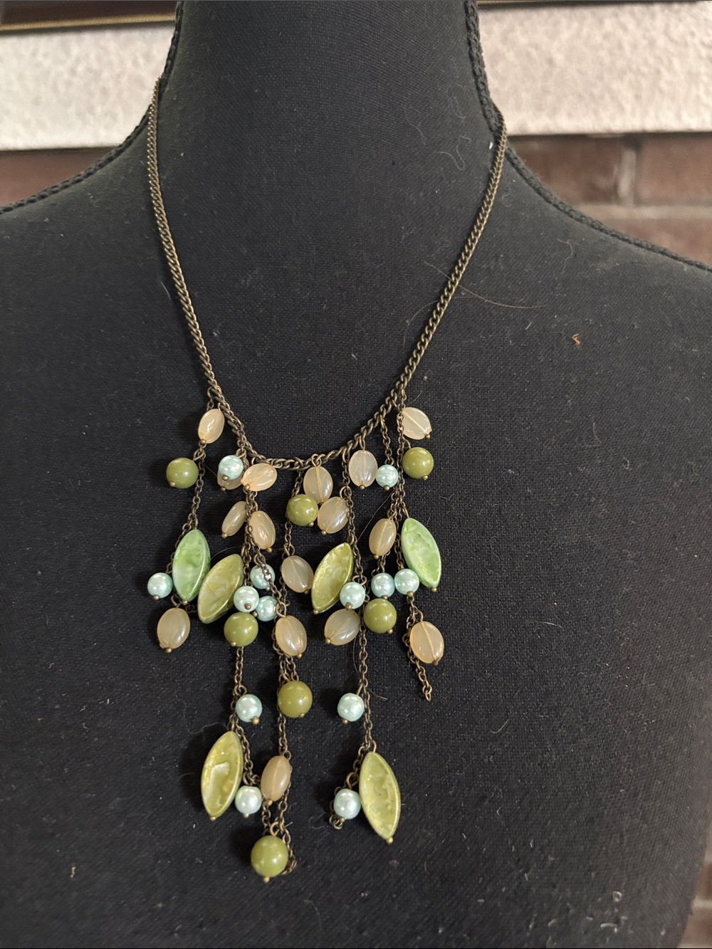 Vintage Green and Cream Multi-Bead Fringe Necklace